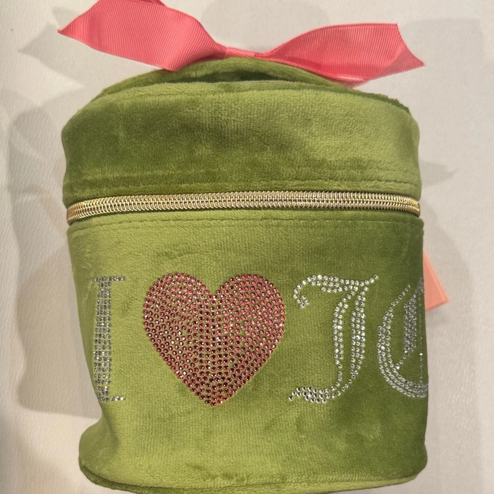 Juicy Couture Terry Train Green Velvet Cosmetic Bag with Pink Accents NWT - Picture 2 of 7